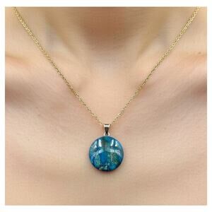 Sea Blue Jasper Coin Pendant Tested 18" Gold Plated Necklace